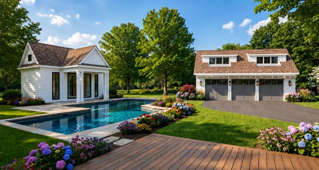 Custom tiny home exterior with pool house in Connecticut, Northeast